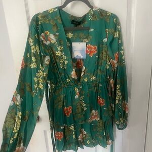 Revolve MAJORELLE Berkshire Dress Small Green Floral Deep VNeck Mini Long Sleeve